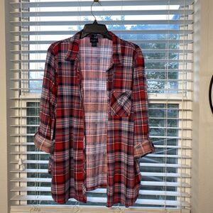 PreOwned Rue+Womens 1X Red-Blue Check-n-Plaid Flannel Roll Tab Sleeve Shirt